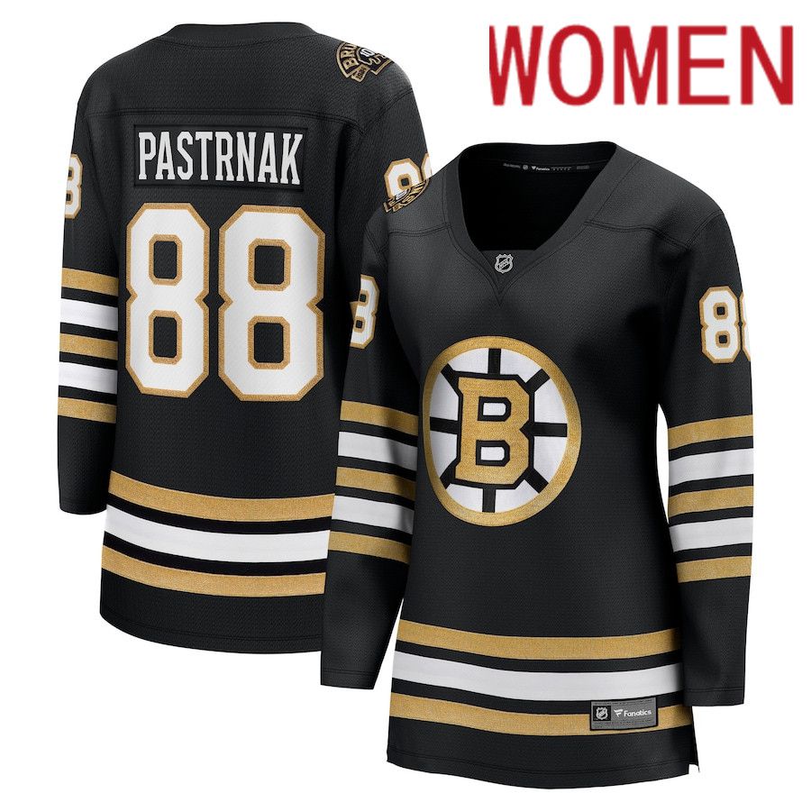 Women Boston Bruins #88 David Pastrnak Fanatics Branded Black 100th Anniversary Premier Breakaway Player NHL Jersey->women nhl jersey->Women Jersey